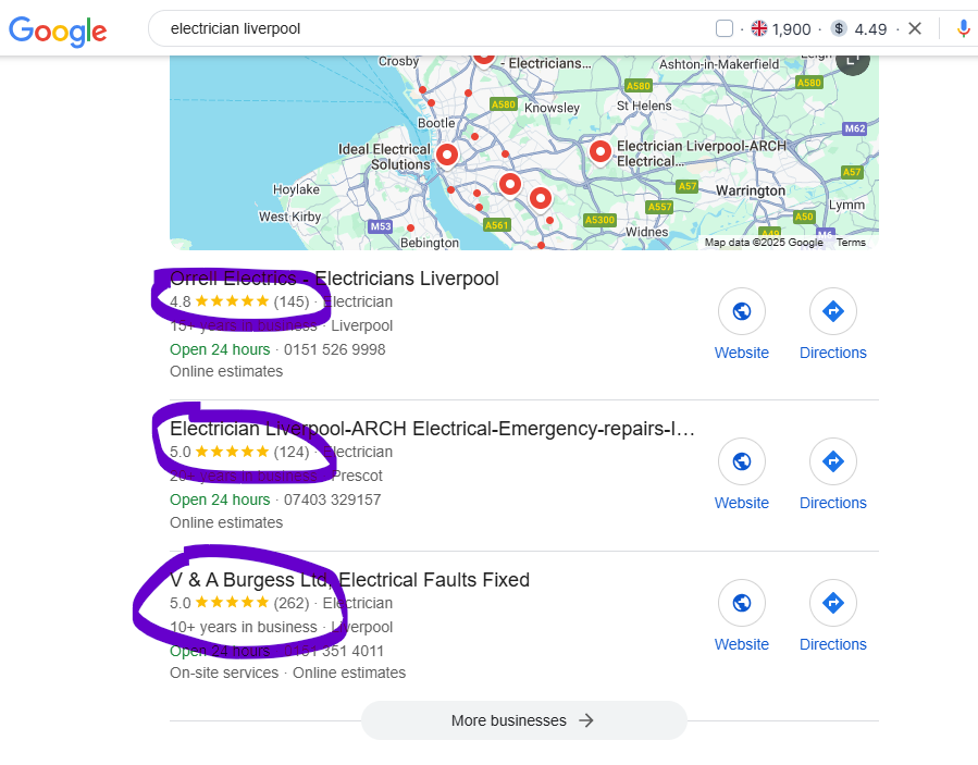 Google local results for 'electrician liverpool' with each electrician's star rating and review count circled, from 124 to 262 reviews