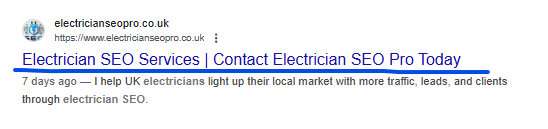 Google result for electricianseopro.co.uk with the title Electrician SEO Services | Contact Electrician SEO Pro Today underlined in blue