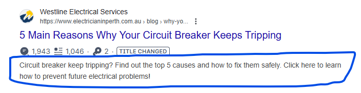 Google result for an electrician's blog post about why a circuit breaker keeps tripping, with the meta description outlined in blue