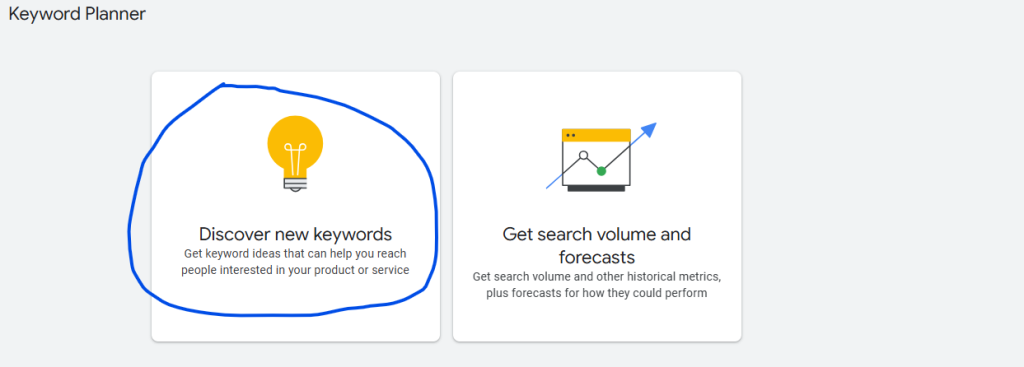 Google Keyword Planner with the Discover new keywords option circled next to Get search volume and forecasts