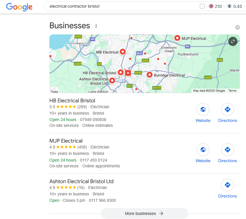Google Map Pack for 'electrical contractor bristol' showing a map and three electricians with ratings, opening hours, website and directions buttons
