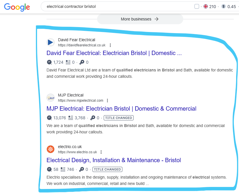 Organic results for 'electrical contractor bristol' listing three firms: two describing domestic and commercial work with 24-hour callouts, and one describing electrical design, installation and maintenance for industrial, commercial, retail and new build projects