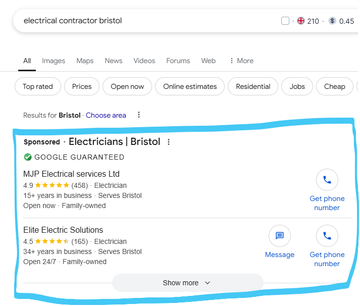 Google search for 'electrical contractor bristol' with a Sponsored 'Electricians | Bristol' box at the top, showing two Google Guaranteed electricians with star ratings and phone buttons