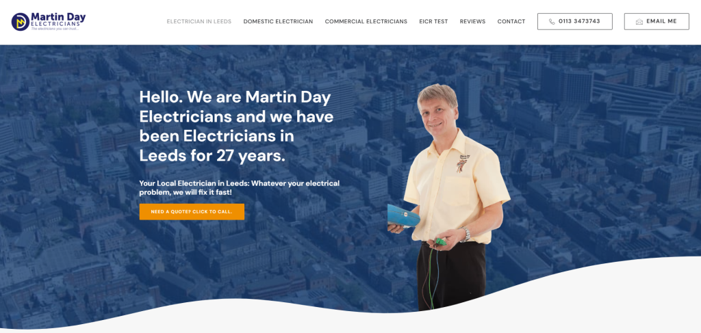 A Leeds electrician's local page with a headline naming Leeds, a photo of the owner, a click-to-call button and a menu of services