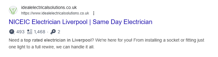 Google result for an electrician in Liverpool with a meta description that opens with a question and mentions sockets, lighting and full rewires