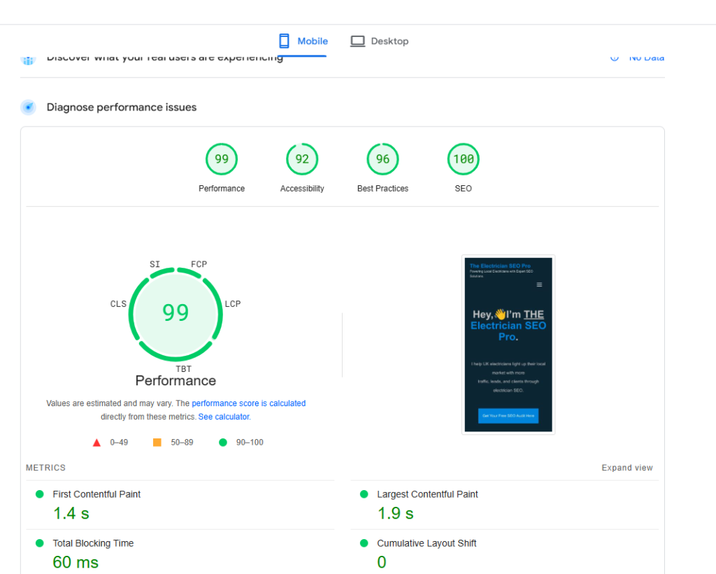 PageSpeed Insights mobile report with scores of 99 for performance, 92 for accessibility, 96 for best practices and 100 for SEO, beside a phone preview of a homepage