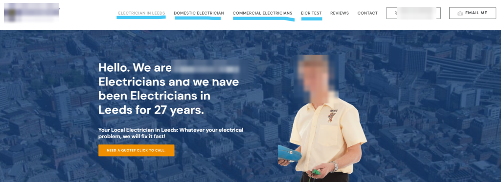 Website menu of an electrician in Leeds with links for Electrician in Leeds, Domestic Electrician, Commercial Electricians and EICR Test underlined, next to a phone number and an email button