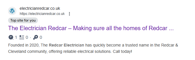Google result for an electrician's homepage in Redcar with a meta description ending Call today