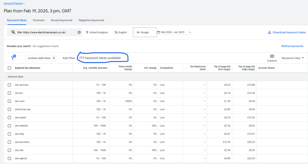 find SEO Keywords for Electricians via keyword planner