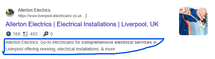 Google result for a Liverpool electrician with the meta description under the title outlined in blue