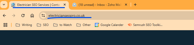 Browser tab for electricianseopro.co.uk with the page's title tag underlined in blue