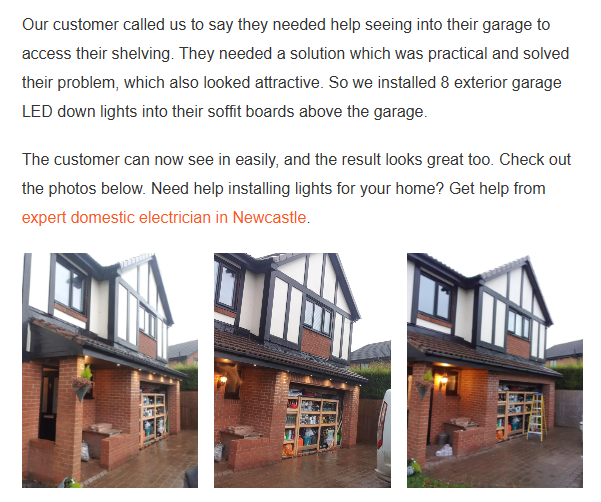 Case study write-up of eight exterior LED downlights installed in a customer's garage soffit, with three photos of the finished job