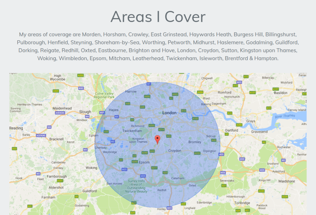 Areas I Cover section listing towns across Surrey, Sussex and south London above a map with a blue circle around the service area