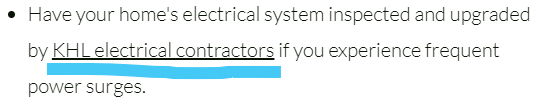 Sentence from an electrical contractor's website with the business name underlined as the link text, an example of branded anchor text