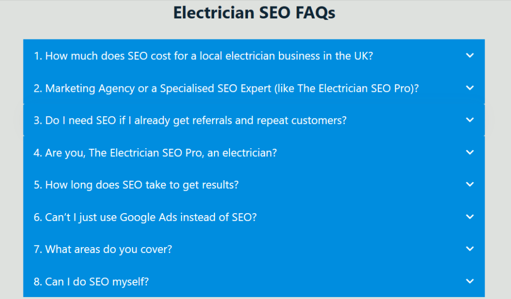 Electrician SEO Pro's own FAQ section with eight collapsed questions, including how much SEO costs and how long it takes