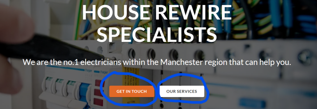 Electrician homepage banner with 'Get in touch' and 'Our services' buttons circled as examples of generic anchor text