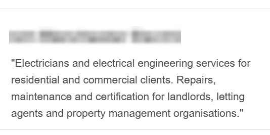 Google Business Profile description from a Manchester electrical firm, name blurred, that names no towns or service areas