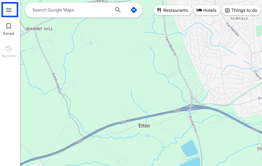 Google Maps with the three-line menu button in the top left highlighted in blue