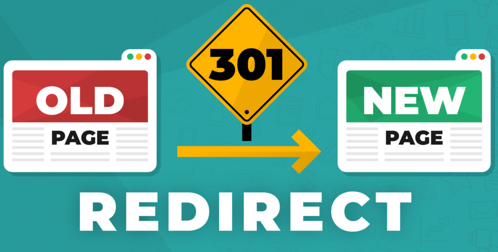 Diagram of a 301 redirect, with an old page on the left and a new page on the right joined by an arrow beneath a yellow 301 road sign