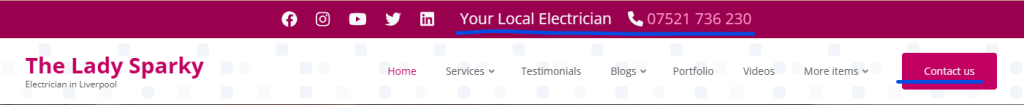 Website header showing a phone number and a Contact us button at the top of an electrician's site