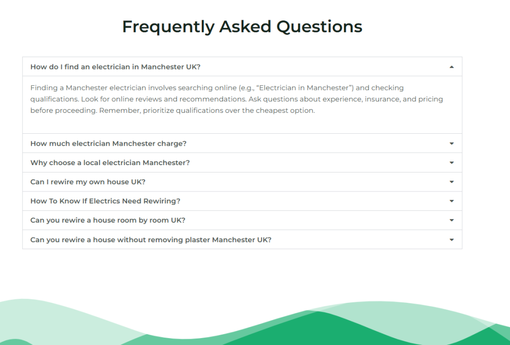 FAQ section on an electrician's Manchester page with seven questions, the first one open