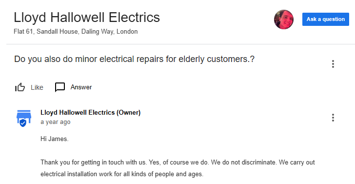 Google Business Profile question about repairs for elderly customers, answered by the business owner