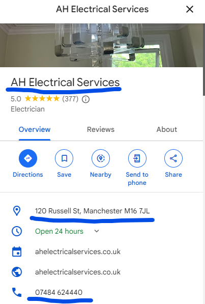 Google Business Profile for a Manchester electrician with the business name, address and phone number underlined