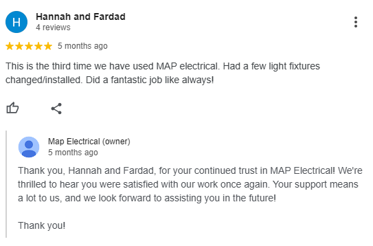 Five-star Google Business Profile review for an electrical business with a polite owner response thanking the customers