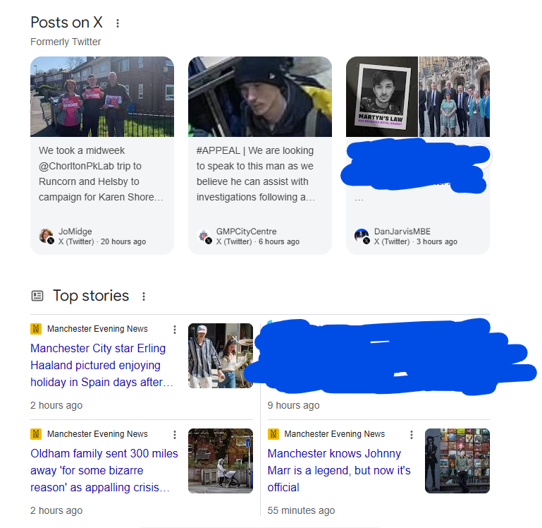 Google results with a Posts on X carousel and a Top stories news box, partly covered by blue scribbles