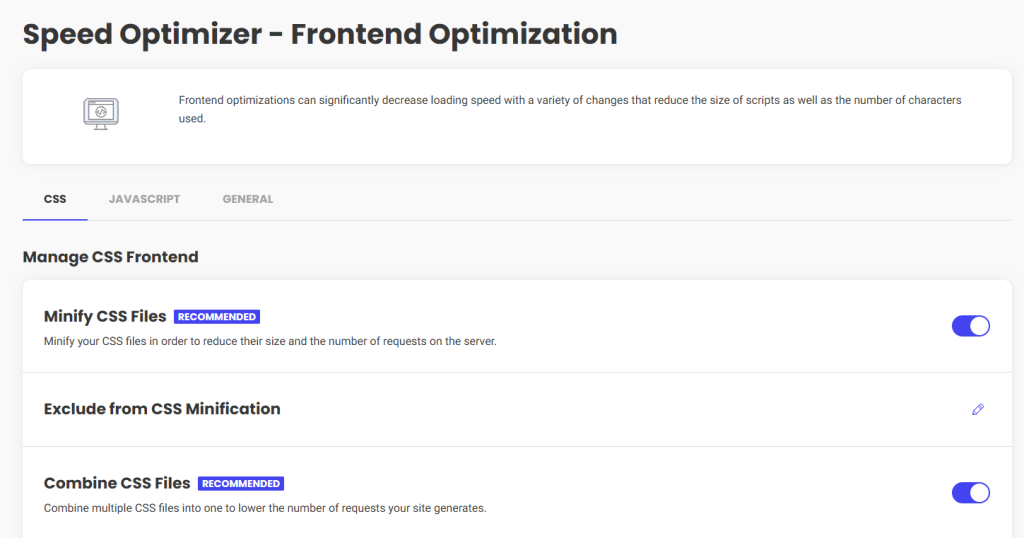 The Speed Optimizer by SiteGround plugin's Frontend Optimization screen, with the minify CSS files and combine CSS files switches turned on
