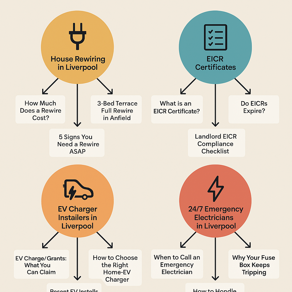 Diagram of four content pillars for an electrician in Liverpool (house rewiring, EICR certificates, EV charger installation and 24/7 emergency electricians), each with supporting topics linked around it