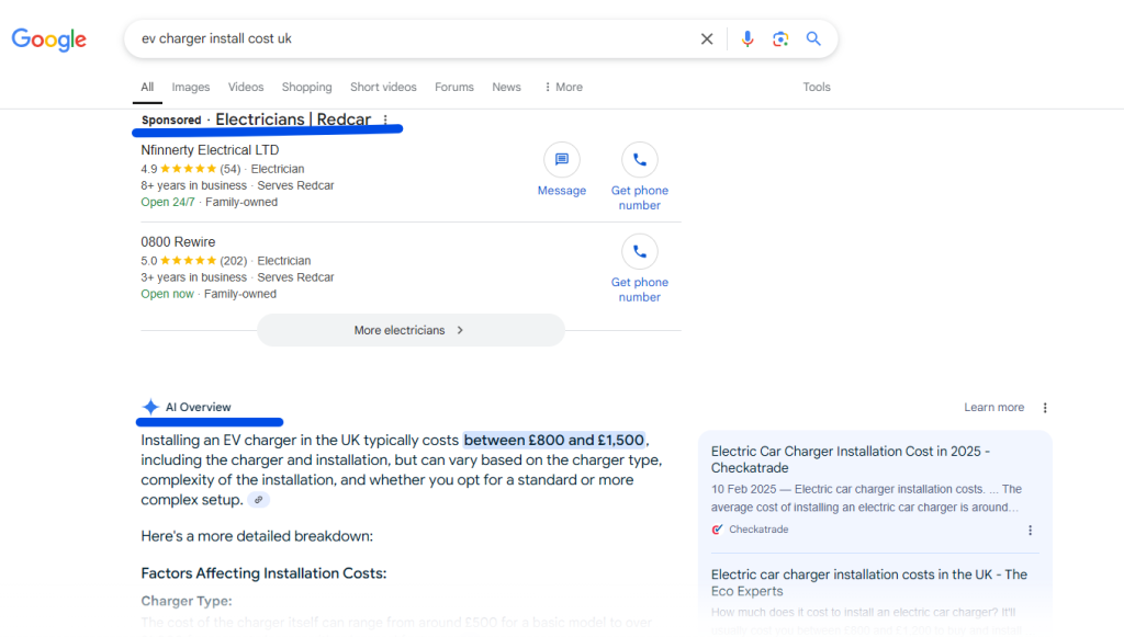Google results for 'ev charger install cost uk' showing sponsored electricians above an AI Overview