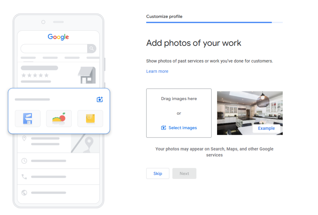 Google Business Profile Add photos of your work screen with a drag and drop upload box and an example photo