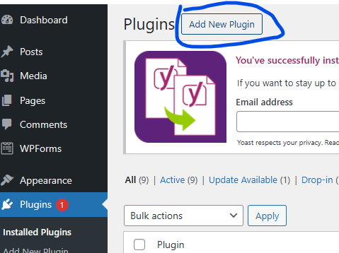 WordPress Plugins screen with the 'Add New Plugin' button circled in blue