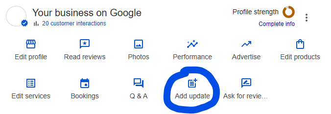 Your business on Google management panel with the 'Add update' button circled in blue