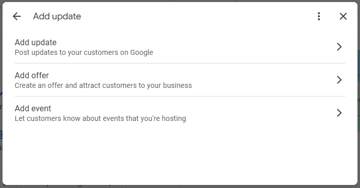 Google 'Add update' window listing three post types: Add update, Add offer and Add event