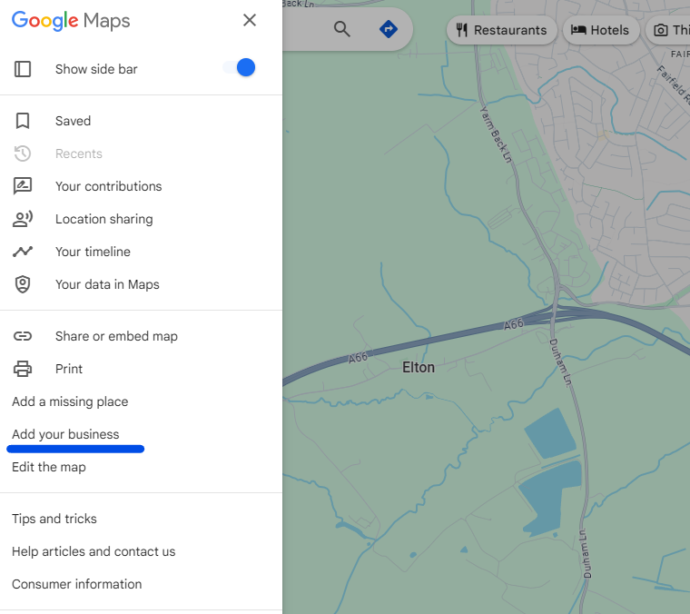 Google Maps menu open with the Add your business option underlined