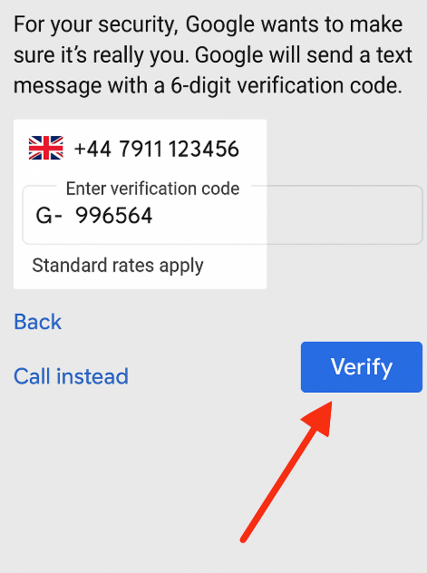 Google account phone verification screen with a text code entered and an arrow pointing to the Verify button