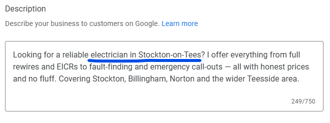 Google Business Profile description with 'electrician in Stockton-on-Tees' underlined as a naturally placed keyword