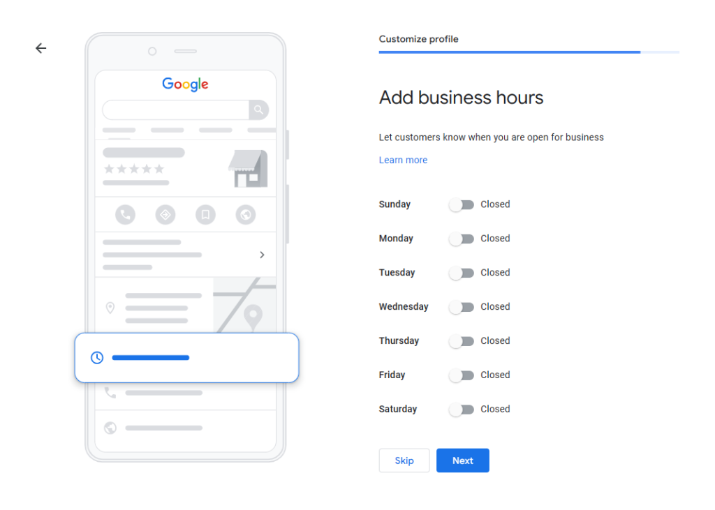 Google Business Profile Add business hours screen with an open or closed toggle for each day of the week