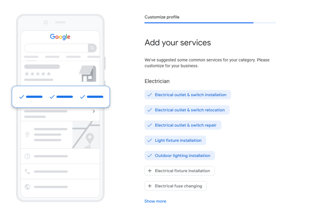Add your services screen in Google Business Profile with suggested electrician services like light fixture installation