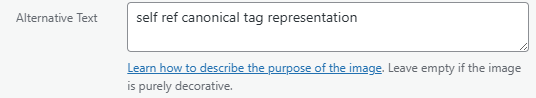 WordPress Alternative Text box containing the text self ref canonical tag representation