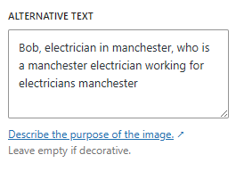 WordPress alt text box stuffed with repeated 'electrician' and 'manchester' keywords, a spammy example to avoid