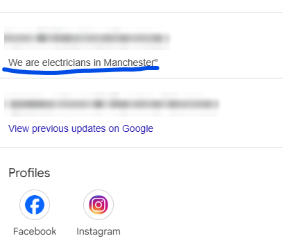 Google listing, name blurred, whose description is only the single line 'We are electricians in Manchester'