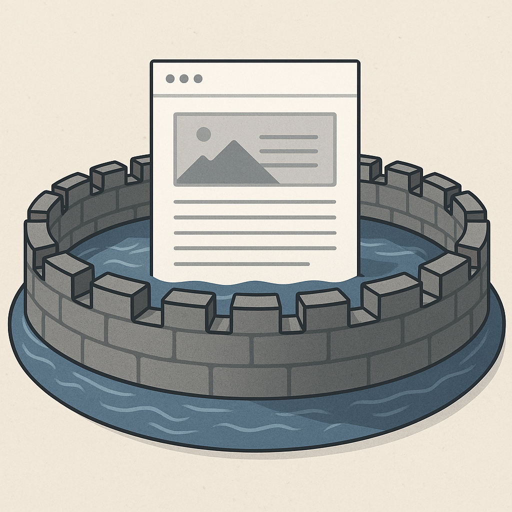 Illustration of a web page standing inside a round castle wall surrounded by a moat