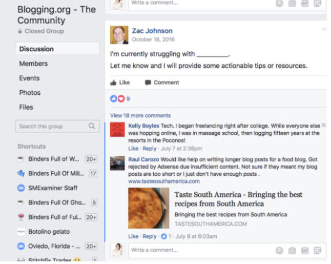 Facebook group post inviting members to share what they are struggling with, with helpful replies underneath
