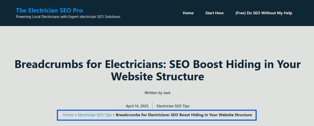 A blog post header on the Electrician SEO Pro website with its breadcrumb trail, Home » Electrician SEO Tips » the post title, outlined in blue
