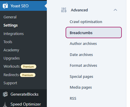 Yoast SEO's Settings menu in WordPress with the Advanced section open and the Breadcrumbs tab highlighted