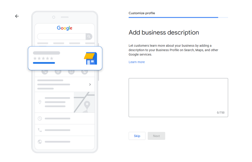 Google Business Profile Add business description screen with a text box and a 750 character limit