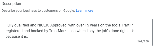 Google Business Profile description stating NICEIC Approved, 15 years on the tools, Part P registered and TrustMark backed